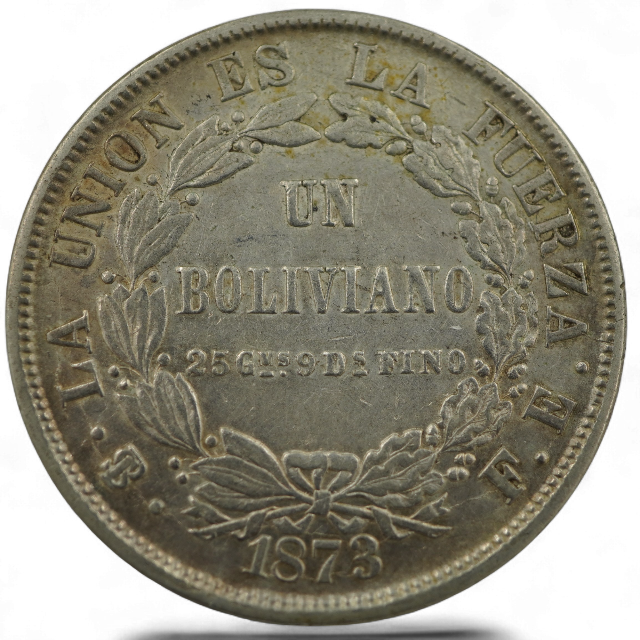 UN BOLIVIANO 1873, BOLIVIA.