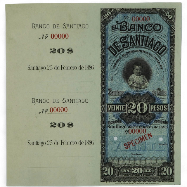 20 PESOS BANCO DE SANTIAGO ESPECIMEN